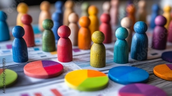 Fototapeta Analyzing Data with Colorful Figures to Represent Team Diversity and Insights