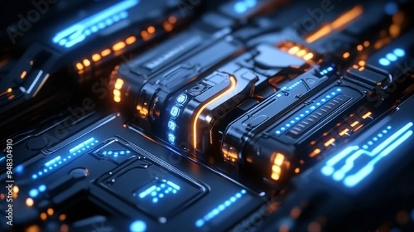 Fototapeta Advanced military connector made from beryllium copper, set within a sleek futuristic weapons system, glowing with blue neon circuits, 3D render, high detail, dark metallic hues