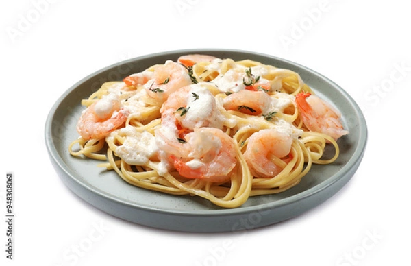 Fototapeta Delicious pasta with shrimps isolated on white