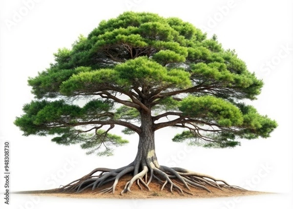 Fototapeta A majestic lone pine tree with intricate visible roots stands isolated on a pristine white background, radiating serenity, growth, and the essence of natural beauty.