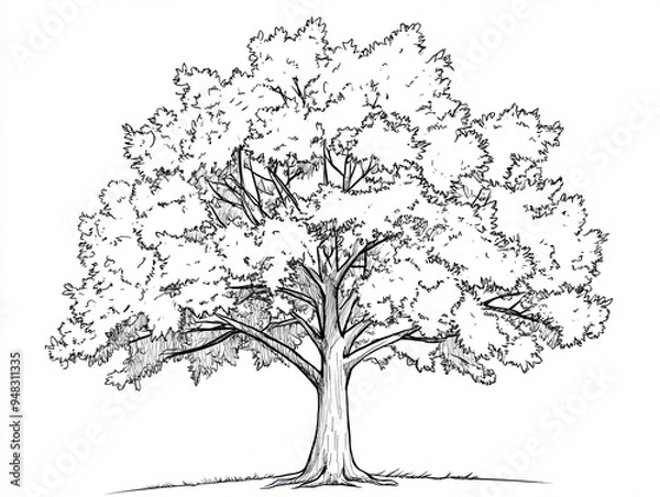 Fototapeta A detailed line drawing of a large tree with a thick trunk and branches spreading out in a large canopy of leaves.