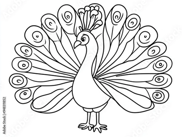 Fototapeta A simple line drawing of a peacock with its feathers spread out.