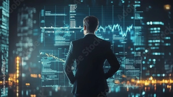 Fototapeta A confident businessman stands in front of a large screen displaying stock market data, symbolizing financial analysis, investment strategy, market trends, technological advancement, and digital innov