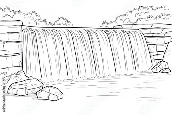 Fototapeta A black and white line drawing illustration of a waterfall cascading over rocks and into a pool of water.