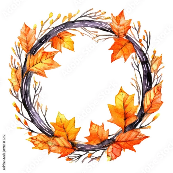 Obraz Watercolor illustration festive autumn wreath halloween isolated illustration on white background.