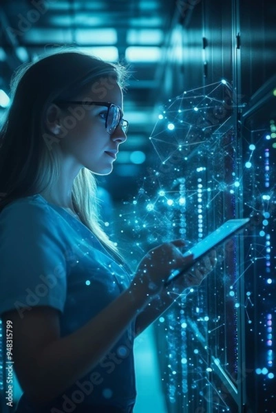 Fototapeta Successful Female Data Center IT Specialist Using Tablet Computer, Turning Augmented VFX Visualization on Server Farm Cloud Computing Facility, 2:3