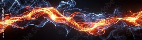 Fototapeta Tongues of bright fire dancing against a black backdrop, with smoke creating dynamic, swirling patterns