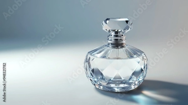 Fototapeta A detailed image of a perfume bottle with a crystal-clear liquid and a beautifully designed stopper, emphasizing the clarity and refinement of the fragrance.