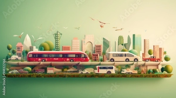 Fototapeta Miniature Cityscape with Vehicles and Birds