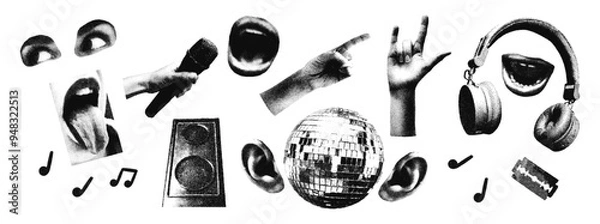 Fototapeta Halftone monochrome stipple elements set Mouths, eyes, hands, ears, disco ball, headphones, speaker, razor blade. Grunge punk dots texture for y2k collage design Retro photocopy vector illustration