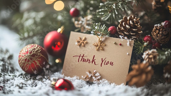 Obraz A heartfelt thank you note written on a rustic brown card, surrounded by festive Christmas decorations like pine branches, red berries, and shimmering ornaments. The note is nestled in a bed of snow, 