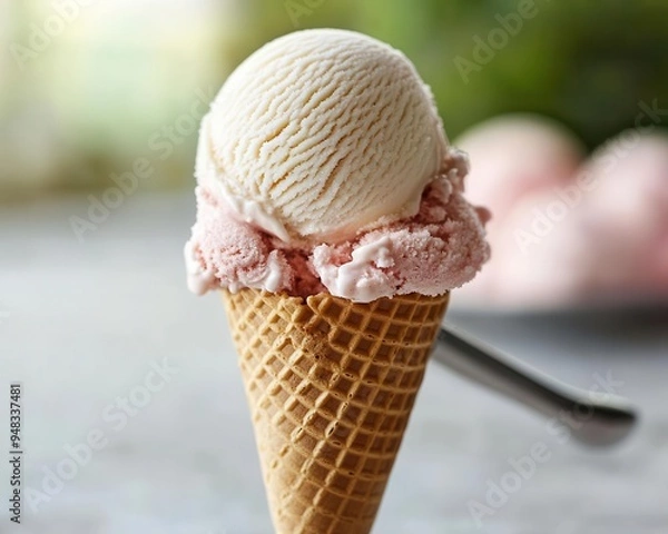 Fototapeta Ice cream scoop with ice cream serving a scoop into a cone