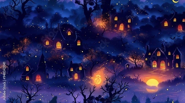 Fototapeta A seamless cartoon pattern of eerie haunted house silhouettes with crooked roofs, surrounded by floating ghosts, twisted trees, and crescent moons, on a deep purple background. --ar 16:9 --v 6.