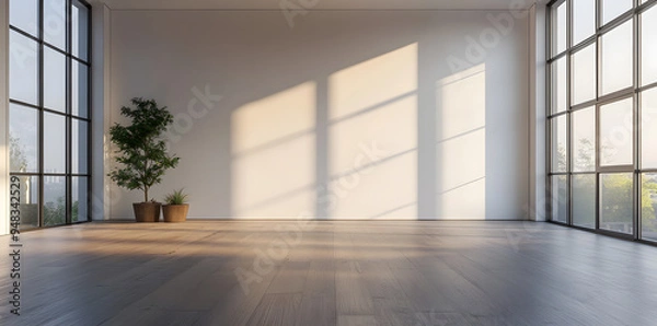 Fototapeta Empty High Ceiling Room with White Big Windows, Wooden Floor and White Walls interior design mock up