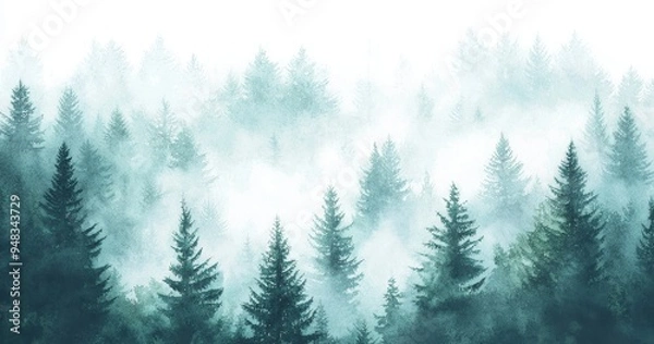 Fototapeta Winter forest with foggy hills. Wild nature, frozen, misty, taiga. Watercolor background.