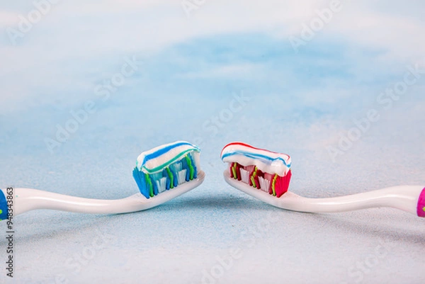 Fototapeta Toothbrush and toothpaste, squeezing toothpaste from tube onto toothbrush close-up. Daily oral care after meals concept.