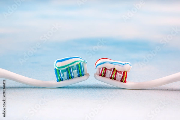 Fototapeta Toothbrush and toothpaste, squeezing toothpaste from tube onto toothbrush close-up. Daily oral care after meals concept.