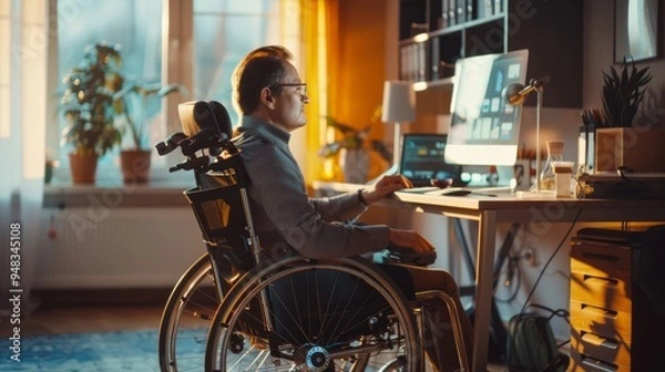 Fototapeta A business professional with a disability efficiently managing tasks from their home office, using adaptive technology.