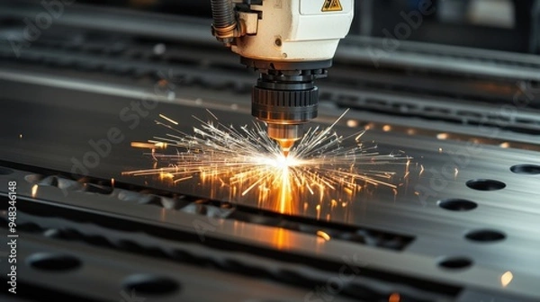 Fototapeta Industrial Laser Cutting Machine in Action with Sparks Flying in a Modern Manufacturing Facility