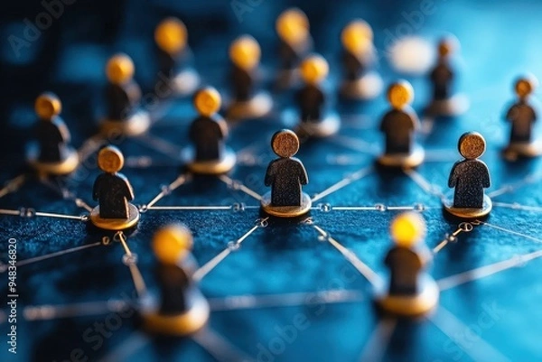 Fototapeta Golden Connections: A network of interconnected figures symbolizes the power of collaboration and global reach in a modern business landscape. 