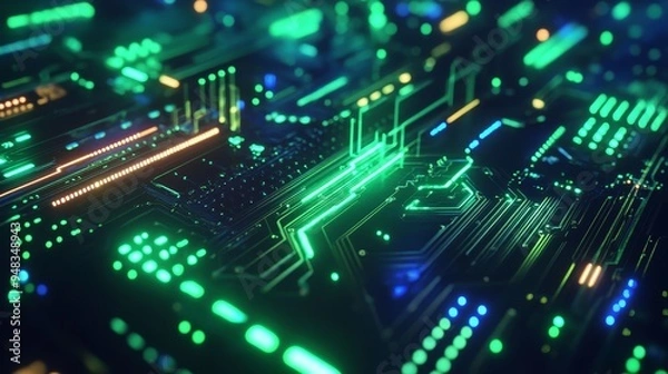 Obraz An abstract image of a circuit board, illuminated with bright green and blue lines. It symbolizes technology, innovation, digital connectivity, and the future of computing.