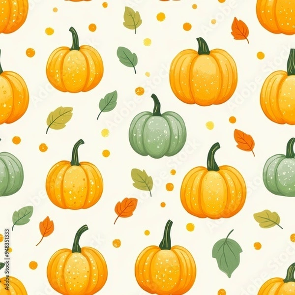 Fototapeta A seamless pattern with orange and green pumpkins along with autumn leaves on a light background, perfect for seasonal decoration, fabric design, and fall-themed events,