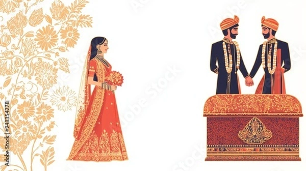 Fototapeta This  illustration depicts a traditional Indian wedding ceremony with the bride in a red and gold saree, the grooms in blue and gold sherwanis, and intricate floral patterns. The image symbolizes love