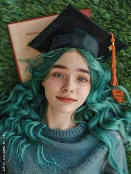 Fototapeta Young woman with green hair in a graduation cap lying on grass with a diploma
