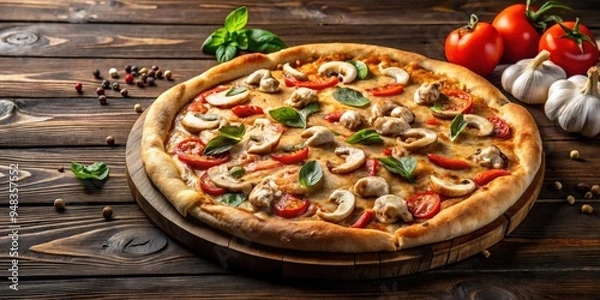 Fototapeta Delicious pizza topped with juicy chicken and fresh mushrooms on a rustic dark wood background