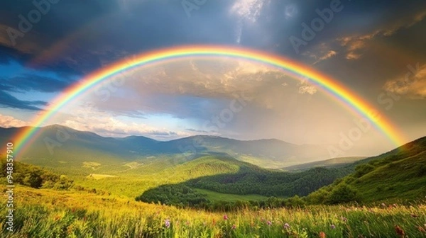 Fototapeta A breathtaking double rainbow arching over a lush green valley, with vibrant colors against a cloudy sky after a summer rain.
