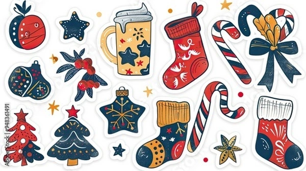 Fototapeta A set of Christmas-themed stickers featuring hot cocoa, candy canes, and cookies 