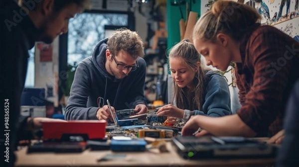 Obraz Diverse group collaborates at community repair cafe to fix electronics promoting ethical consumption and sustainability