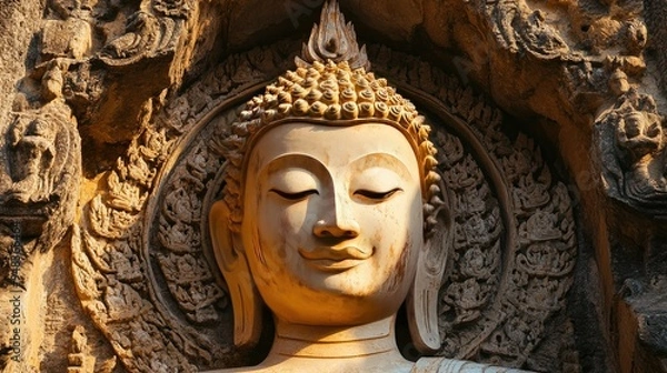 Fototapeta A serene golden Buddha statue in an ancient temple, framed by beautifully detailed carvings that tell stories of the past