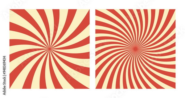 Fototapeta Set of Two Abstract Vector Red Spiral Patterns on Beige Background. Square Posters with Red Groovy Hypnotic Swirls, Retro Inspired Grunge Sun Bursts