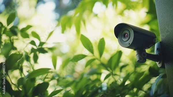 Obraz A close-up of a surveillance camera mounted in a lush, green setting, blending technology with nature