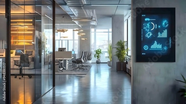Fototapeta Photograph showcasing the advanced temperature control system of a smart office featuring an IoT powered digital interface for monitoring and managing the building s climate