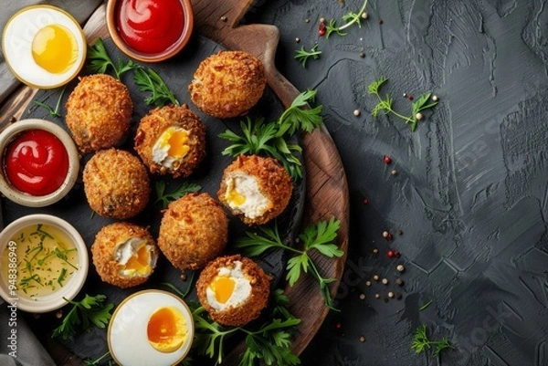 Obraz Mini Scotch Eggs served as appetizers on a rustic platter, surrounded by dipping sauces, with ample copy space.Scotch egg.Scottish cuisine.British cuisine.