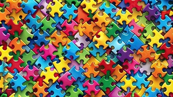 Fototapeta Colorful puzzle pieces seamlessly interconnected, forming a continuous pattern of vibrant shapes and structures, symbolizing unity, harmony, and infinite possibilities.