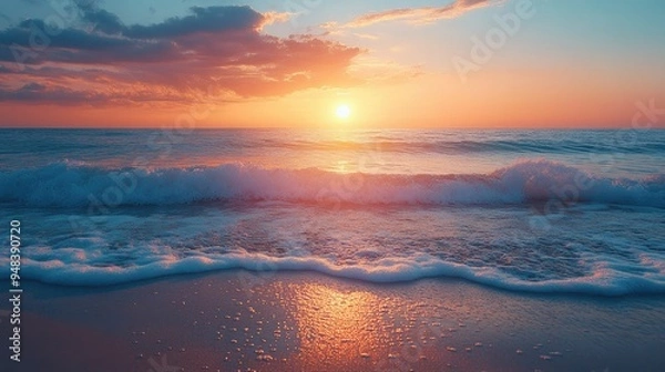 Obraz Serene beach at sunset with gentle waves