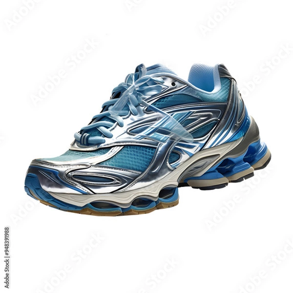 Fototapeta A close-up of a blue and silver running shoe.