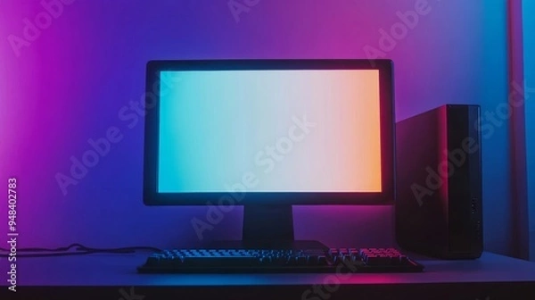 Obraz Desktop computer mock-up with RGB lights, white screen, gaming keyboard. 3D rendering illustration.