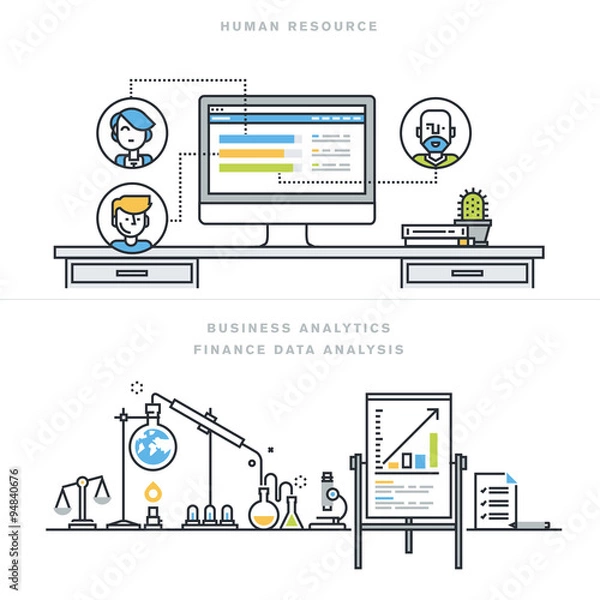 Obraz Flat line design vector illustration concepts for human resources, people management, professional skills, business analytics, finance data analysis, for website banner and landing page.