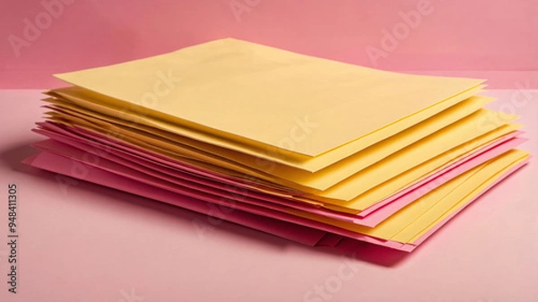Obraz A stack of sheets of yellow and pink paper on a pink background