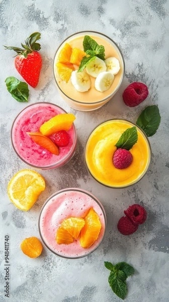 Obraz Four vibrant fruit smoothies in clear glasses showcase a blend of colors and flavors, ideal for a health-conscious snack or dessert