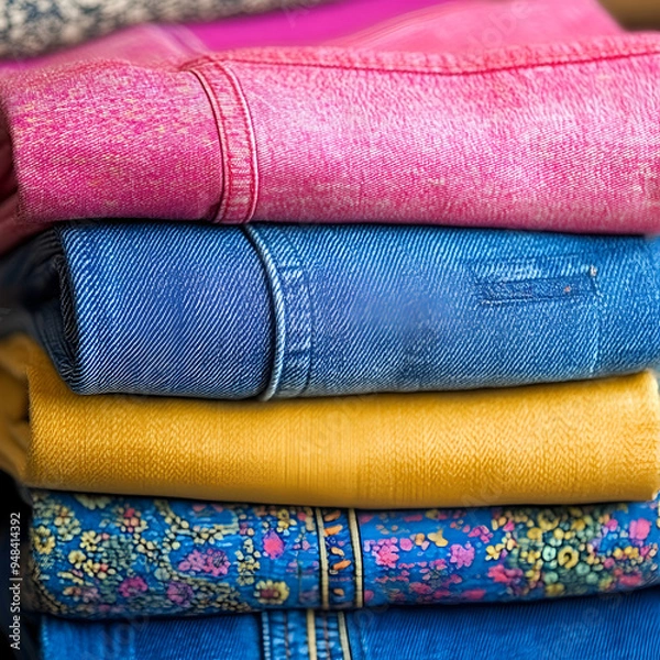 Fototapeta bright color felt fabric stacked,  background of used clothes of differents colorsStack pile of colorful textile fabric cloth material made from linen and cotton