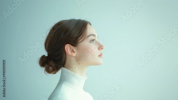 Fototapeta Side profile of a young woman with brown hair in a bun, wearing a white high-neck top, set against a soft blue-toned background.