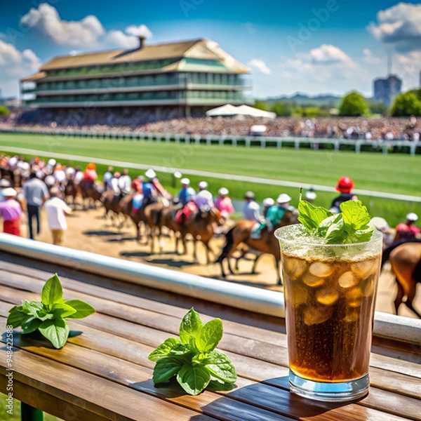 Fototapeta Mint julep cocktail at a horse race track on a sunny day