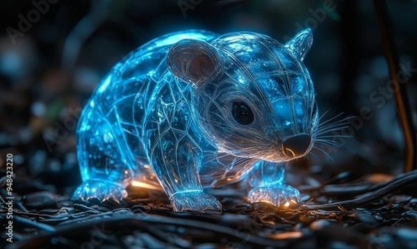 Fototapeta A glowing, translucent, 3D rendered image of a cute, cartoon-style possum with bright blue light emanating from its body. It sits in a dark forest setting on a bed of dry leaves.