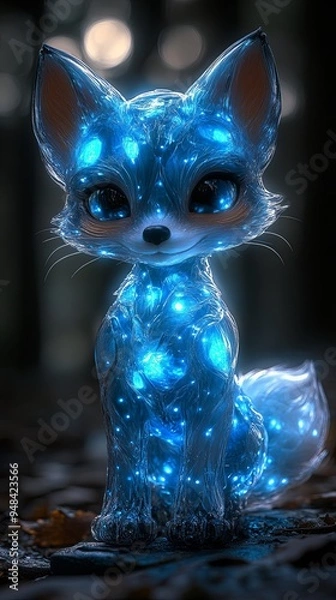 Fototapeta A cute, cartoon-style, blue glowing fox with large eyes sits on a forest floor with a soft, blurry background.