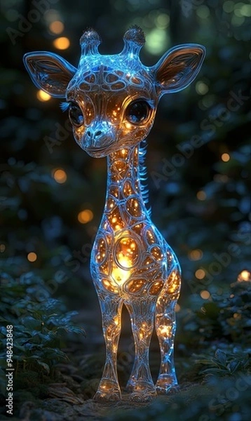 Fototapeta A cute, cartoon-style giraffe with glowing lights inside stands in a forest setting, with blurry lights in the background.